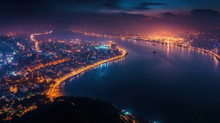 Fototapeta premium Nighttime Aerial View of Coastal City