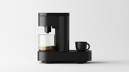 Fototapeta premium A modern coffee maker brews a fresh cup with a sleek black design on a bright white background, perfect for daily use in any kitchen