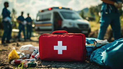 First Aid Kit and Emergency Medical Team. Red first aid kit with medical supplies lies on the ground, surrounded by a busy scene of paramedics and an ambulance in action.