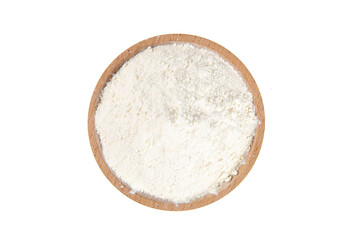 White flour in wood plate isolated on white background