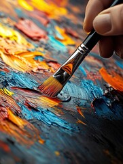 Obraz premium A close-up view of a hand using a brush to apply vibrant colors onto a textured canvas, showcasing the artistic process in bright hues of orange, blue, and yellow during a creative painting session