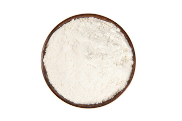 White flour in wood bowl isolated on white background