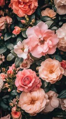 Fototapeta premium A vibrant display of pink and peach roses captured in a garden setting during springtime, showcasing the beauty of nature in full bloom among lush green leaves