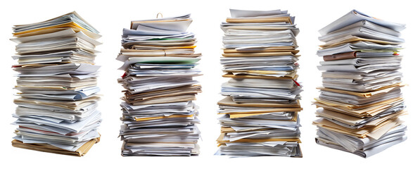 Set of stacked documents stacked sheets of paper on a transparent background. The concept of piling up documents for work.