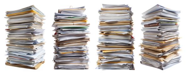 Set of stacked documents stacked sheets of paper on a transparent background. The concept of piling up documents for work.
