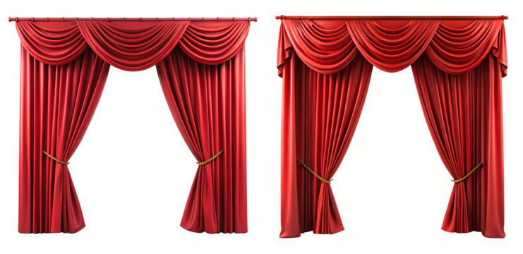 Set of Theater curtains with red horizontal drapery on a transparent background. Theater decor concept.