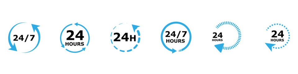 24 7 service icon set. 24-7 open, concept with call icon. Support 24 hours a day and 7 days a week. Support service. Vector Illustration.