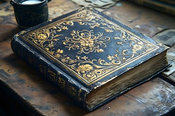 An ornate, vintage book with intricate gold detailing resting on a wooden surface. - Powered by Adobe