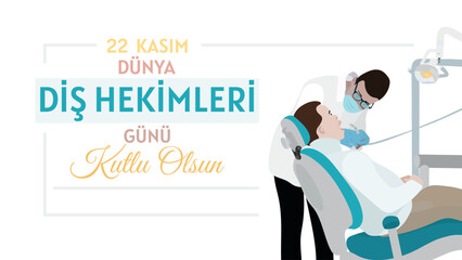 World dentist day concept vector illustration design. Translate: Happy November 22 World Dentists Day. Doctor and young man patient in dental chair in clinic. 