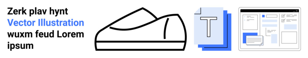 Shoe outline with simple lines, document and text icons. Ideal for design, fashion, education, presentations, layouts, themes, projects Landing page