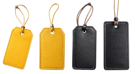 Different shapes of blank yellow and black leather labels isolated on a transparent background. Price tag layout template with space for brand copy and information. Shopping, sale concept, black Frida