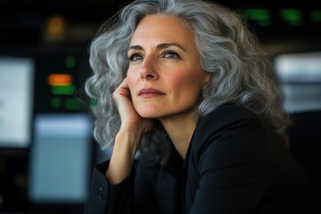 A thoughtful businesswoman reflects on her strategy during a meeting in a modern office with digital displays in the background, showcasing a moment of contemplation in a corporate setting