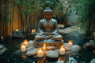 Serene Buddha statue surrounded by candles and stones in a tranquil garden setting at dusk