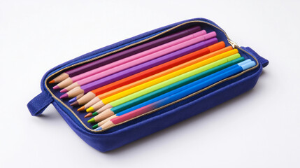 Fototapeta premium A vibrant case filled with colorful pens arranged neatly on a white background
