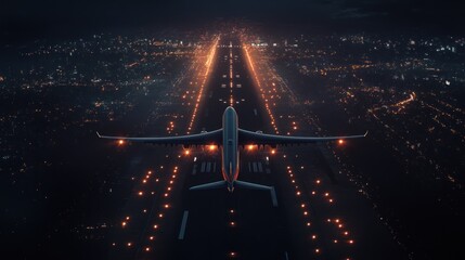 A nighttime aerial shot of a commercial jet taking off from an illuminated runway