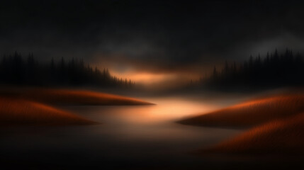 Illustration of a lake covered in soft mist, with the orange glow of the sunset, creating a mysterious and serene atmosphere.