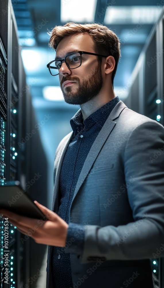 Poster data center security, engineer monitors server operations with digital tablet in data center