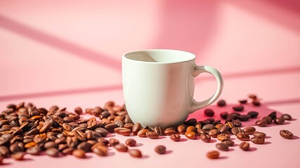 Obraz premium A White Mug Resting on a Scatter of Coffee Beans Against a Soft Pink Background