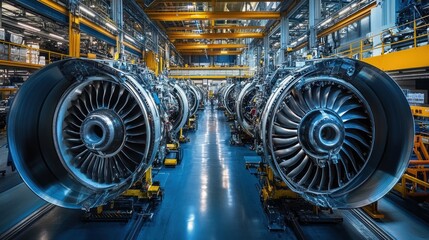 A panoramic shot of an advanced engine production line, where machinery at the top performs the precise assembly of engine components