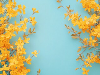 Bright Yellow Forsythia Flowers on Blue Background - Spring Wallpaper