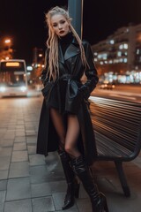 Fototapeta premium Fashionable woman in leather coat poses stylishly at night, with city lights and a bus in the background.