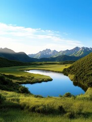 Obraz premium Serene Mountain Lake Landscape with Lush Greenery
