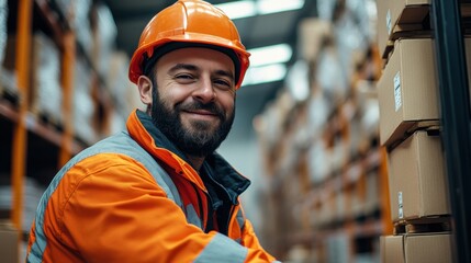 A warehouse worker in an orange safety vest and helmet smiles while organizing boxes on a shelf during daytime operations in the storage area