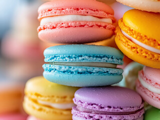 A close-up of a colorful macaroon tower, with pastel colors and a variety of flavors, presented in a bakery setting.