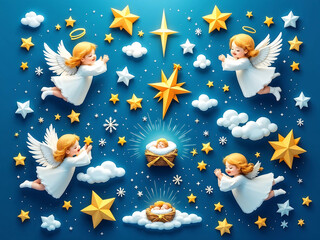 Lively 3D Christmas Pattern Featuring Joyful Angels, Stars, and the Birth of Jesus, Perfect for Fun and Festive Holiday Projects