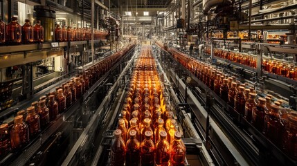 A panoramic view of an automotive lubricant bottle manufacturing plant. The production line of machinery occupies the top section