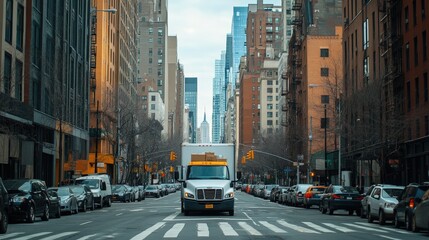 Naklejka premium A delivery truck driving through city streets with packages, emphasizing the importance of last-mile delivery in e-commerce logistics