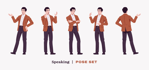 Handsome businessman wearing brown blazer suit jacket speaker stand set. Confident modern office, casual street look for daily wear, dating, prom party, ceremony, business work. Vector illustration