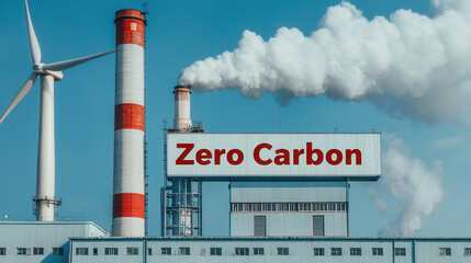 Obraz premium Industrial buildings with wind turbines and smoke emissions, promoting zero carbon