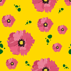 Seamless pattern  bright, with poppy flowers, peonies and dots.