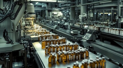 A panoramic view of a pharmaceutical production line, with automated machinery at the top precisely filling bottles. In the center