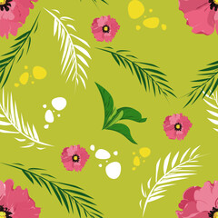 Bright floral seamless pattern with different leaves and bubbles.