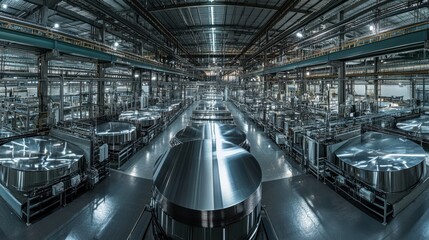 Fototapeta premium A panoramic view of a stainless steel manufacturing plant, with machinery along the top processing raw materials. In the center
