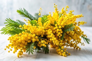 Mimosa flower arrangement, white backdrop, delectable still life.