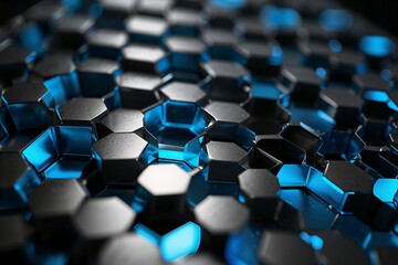 Obraz premium Close-up of futuristic metallic and blue hexagonal patterns creating a dynamic abstract texture with a high-tech feel