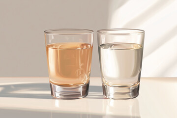 Comparison of Transparent Glasses with Murky and Clear Water on Laboratory Table, Symbolizing Purity and Contamination, in Photorealistic Detail for Scientific and Educational Concepts