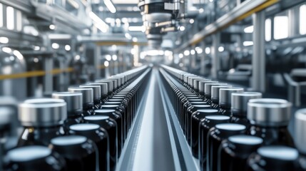 A wide-angle panoramic shot showing a streamlined production line for automotive lubricant bottles