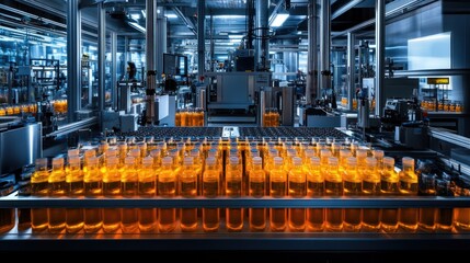 A wide-angle view of a high-tech lubricant bottle manufacturing plant. Machinery in the upper area processes bottles