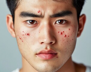  Close-up of an Asian man's face with red and white pustules on his chin, showing the expression of an individual in their mid-20s, set against a simple background.