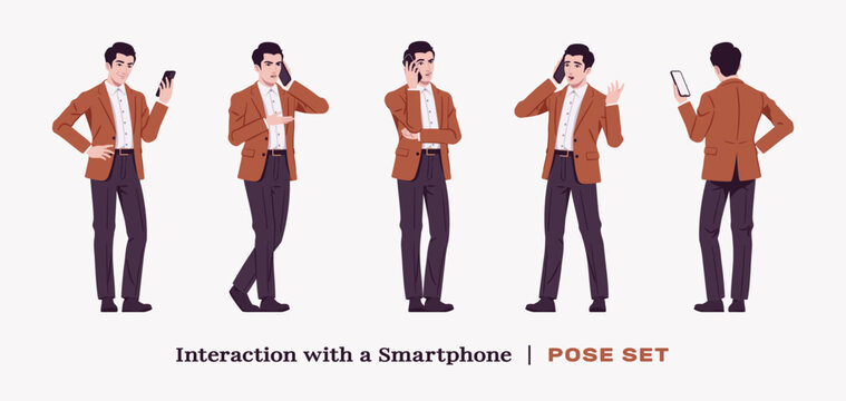 Handsome businessman wearing brown blazer suit jacket phone call stand set. Confident modern office, casual street look for daily wear, dating, prom party, ceremony, business work. Vector illustration