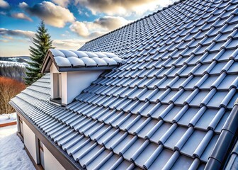 Minimalist Gray Metal Roof Tiles with Snow Guards Closeup