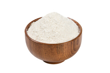 White flour in wood bowl isolated on white background