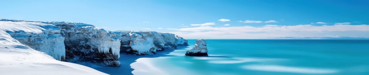 Scenic view of snow-covered cliffs by the sea
