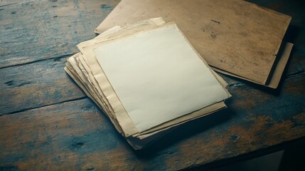 Vintage stationery and an empty envelope lie on an aged wooden table, evoking a sense of timeless elegance.