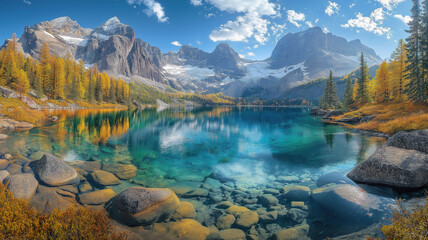 Stunning fall scenery of Glacier Lake with colorful autumn foliage and Canadian Rockies