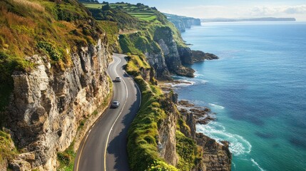 Bird eye view of a winding coastal road hugging a cliffside, with dramatic ocean views on one side and towering cliffs on the other